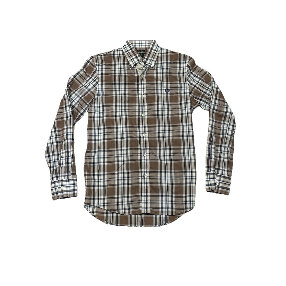 Fred Perry Long Sleeve Tartan Button Up Shirt Size Medium Slim Fit Brown‎ Grey
